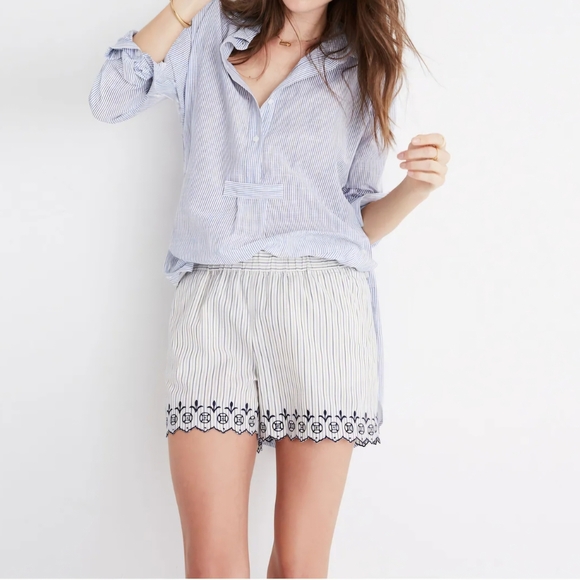 Madewell High Waist Striped Shorts with Navy Blue Embroidery Size Xl 100% Cotton - Picture 1 of 9